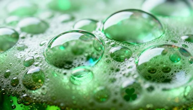 Macro green bubbles glowing and floating in foamy shamrock texture