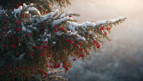 Sunlit Snow-Covered Evergreen Branch with Bright Red Berries and Frosty Morning Bokeh