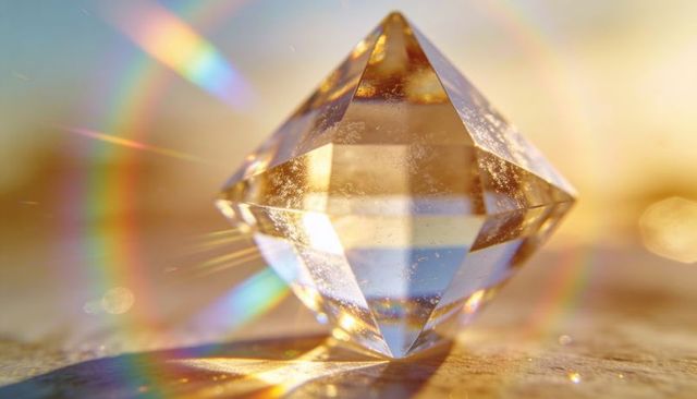 Faceted crystal prism refracting golden sunlight, casting vibrant rainbow streaks and bokeh
