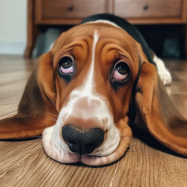 A Basset Hound puppy with sad eyes lying on a wooden floor inside a home. Ideal for pet-related content, emotional advertisements, or articles about dogs and their behaviors.
