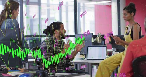 Financial Collaboration in Modern Office with Data Overlay