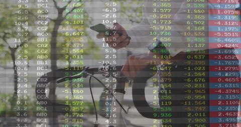 Asian Commuter Navigating Via Smartphone Overlayed with Market Data