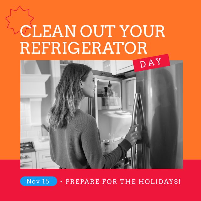 Image of clean out you refrigerator today over caucasian woman looking into fridge. Household, cleaning and food concept.