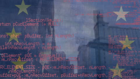 European Union Flag Overlay on Urban Cityscape with Data Code