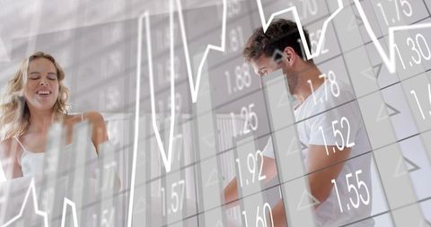 Couple balancing morning routine with stock market data overlay and financial graphs
