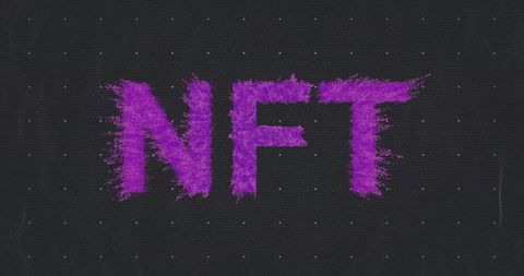 Nft letters spreading purple particle fragments on dark digital grid