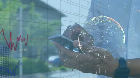 Businesswoman Analyzing Data with Smartphone and Virtual Globe