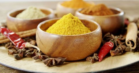 Colorful Display of Turmeric, Chili, and Cinnamon Spices in Wooden Bowls - Download Free Stock Images Pikwizard.com