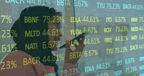 Muslim businesswoman holding smartphone speaking amid stock market tickers on glass