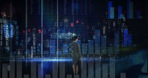 businesswoman analyzing global financial data in futuristic city - Download Free Stock Images Pikwizard.com