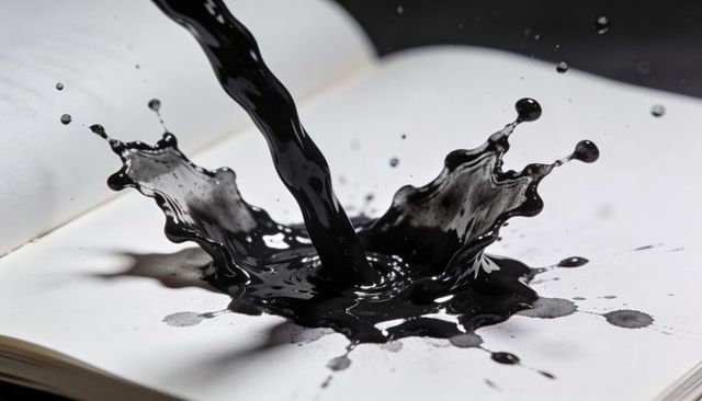 Glossy black ink pouring onto blank notebook pages creating dramatic crown splash for art
