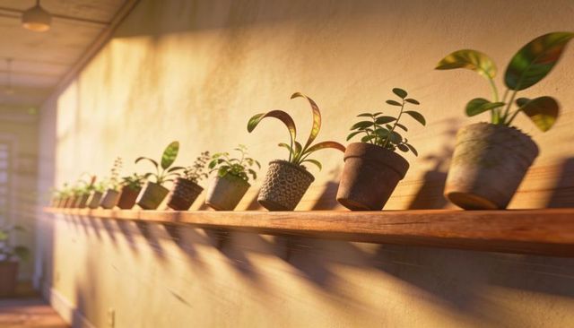 Small potted plants bathing in golden sunlight casting long shadows on wooden shelf