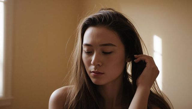 Gazing asian woman lowering gaze in sunlit bedroom, serene natural contemplative portrait