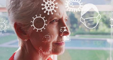 Senior Woman Contemplating Pandemic Effects with COVID-19 Icons Overlay
