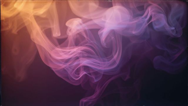 Swirling vivid smoke ribbons drifting through orange-pink-purple studio light