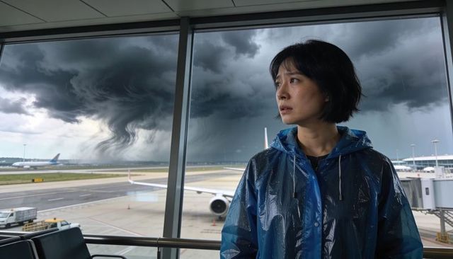 Anxious asian woman watching swirling storm over airport runway through terminal window