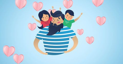 Illustration of Happy Family Father with Children Surrounded by Hearts