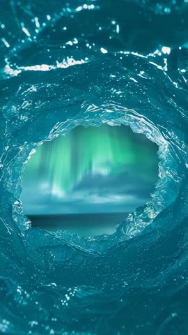 Camera Pulling Back Revealing Aurora Through Turquoise Ice Tunnel at Polar Coast