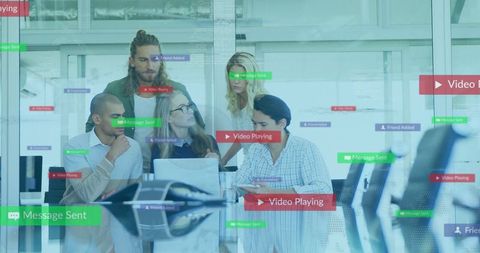 Modern professionals collaborating in high-tech glass office setting