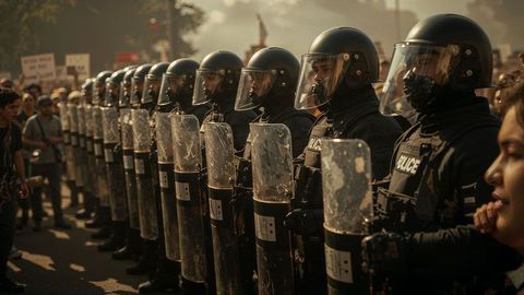Police officers shielding demonstration amid breaking news urban protest
