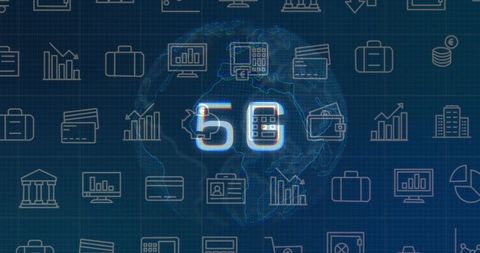 Glowing 5g hologram pulsing over rotating globe with fintech network icons, blueprint grid