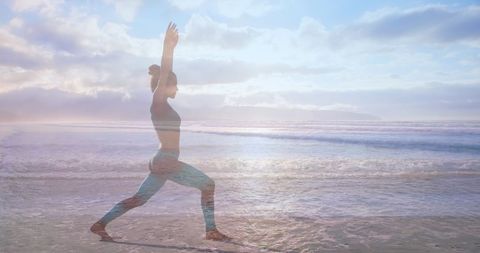 Woman Practicing Yoga on Tranquil Beach Sunset - Download Free Stock Images Pikwizard.com