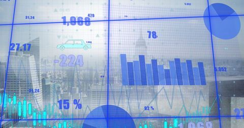 Blue business analytics overlay on urban skyline