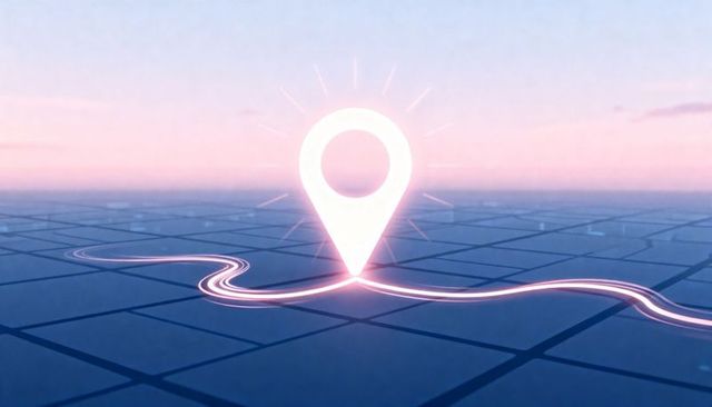 Glowing location pin marking neon route on futuristic tiled grid at pastel horizon