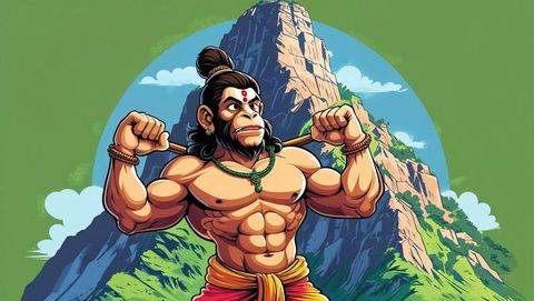 Powerful monkey deity with mythical mountain backdrop