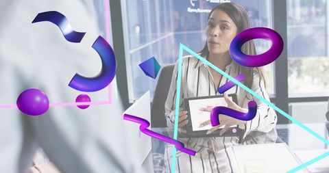 Business woman presenting tablet in modern conference room with 3D purple cyan graphics
