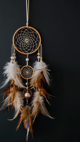 Vertical video: Dreamcatcher swaying in breeze with glinting beads and fanning feathers