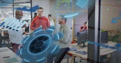 Tech Team Collaboration in Modern Office with Digital Interface