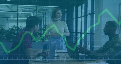 Asian woman leading office meeting with team collaboration and data analytics overlay