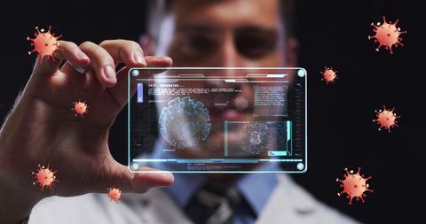 Doctor Holding Futuristic Tablet with Coronavirus Data Hologram