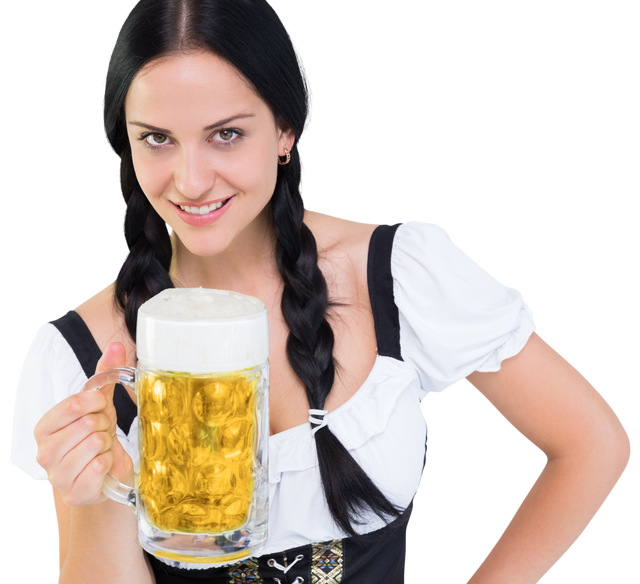 Smiling Girl in Oktoberfest Costume Holding Mug of Beer on Transparent Background - Download Free Stock Videos Pikwizard.com