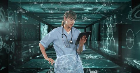 Caucasian female doctor engaged with futuristic digital interface