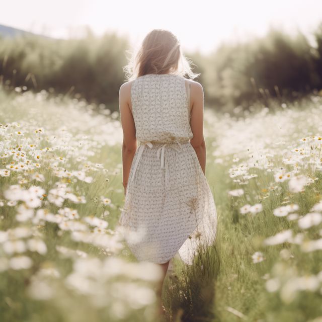 This peaceful scene features a woman in a white dress walking tranquilly through a sunlit field of daisies at sunset. The image evokes feelings of serenity and connection with nature. It is suitable for use in advertisements targeting travel, fashion, and outdoor activities or used as a serene background for websites or greeting cards conveying peace and relaxation.