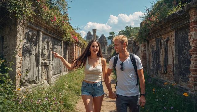 Young couple exploring ancient temple reliefs while walking hand in hand on summer trip