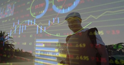 Chinese Golfer with Financial Charts Overlay Symbolizing Success