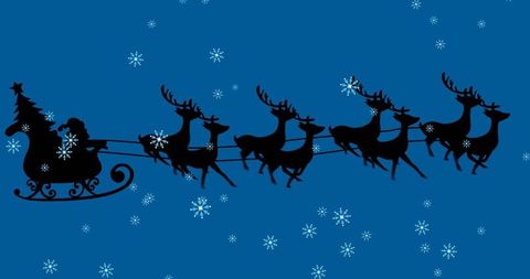 Silhouette of Santa Claus Riding Sleigh with Reindeer and Snowflakes