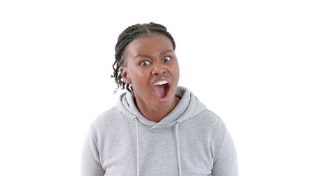 Excited African American Woman in Gray Hoodie
