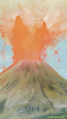 Volcanic cone erupting in vertical video, sending lava columns, ash cloud and pyroclastic flow