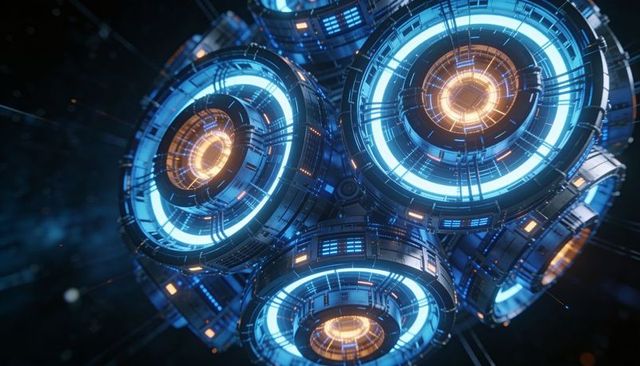 Glowing toroidal reactor cores emitting cyan-blue and amber energy rings in deep space