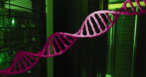 Futuristic DNA Strand Floating in High-Tech Server Room
