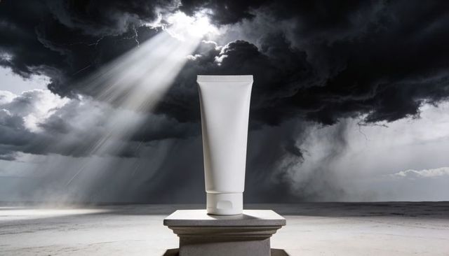 Minimalist white squeeze tube on stone pedestal with dramatic storm light beam