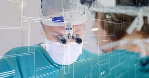 Lead Surgeon Performing Precision Microsurgery Wearing Surgical Loupes with Futuristic Digital Overl