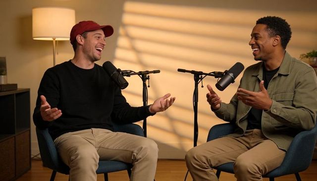 Warm podcast conversation with two cohosts laughing, gesturing, recording with studio mics