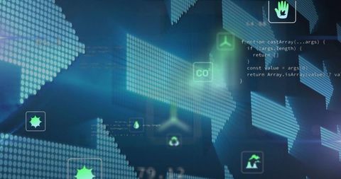 Futuristic dashboard displaying dotted chevrons and floating green eco icons with code overlay