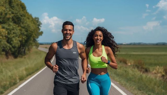 Fit Couple Jogging on Scenic Country Road in Athletic Apparel