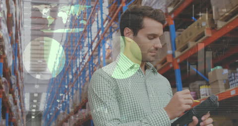 Warehouse Worker Analyzing Data with Futuristic Interface